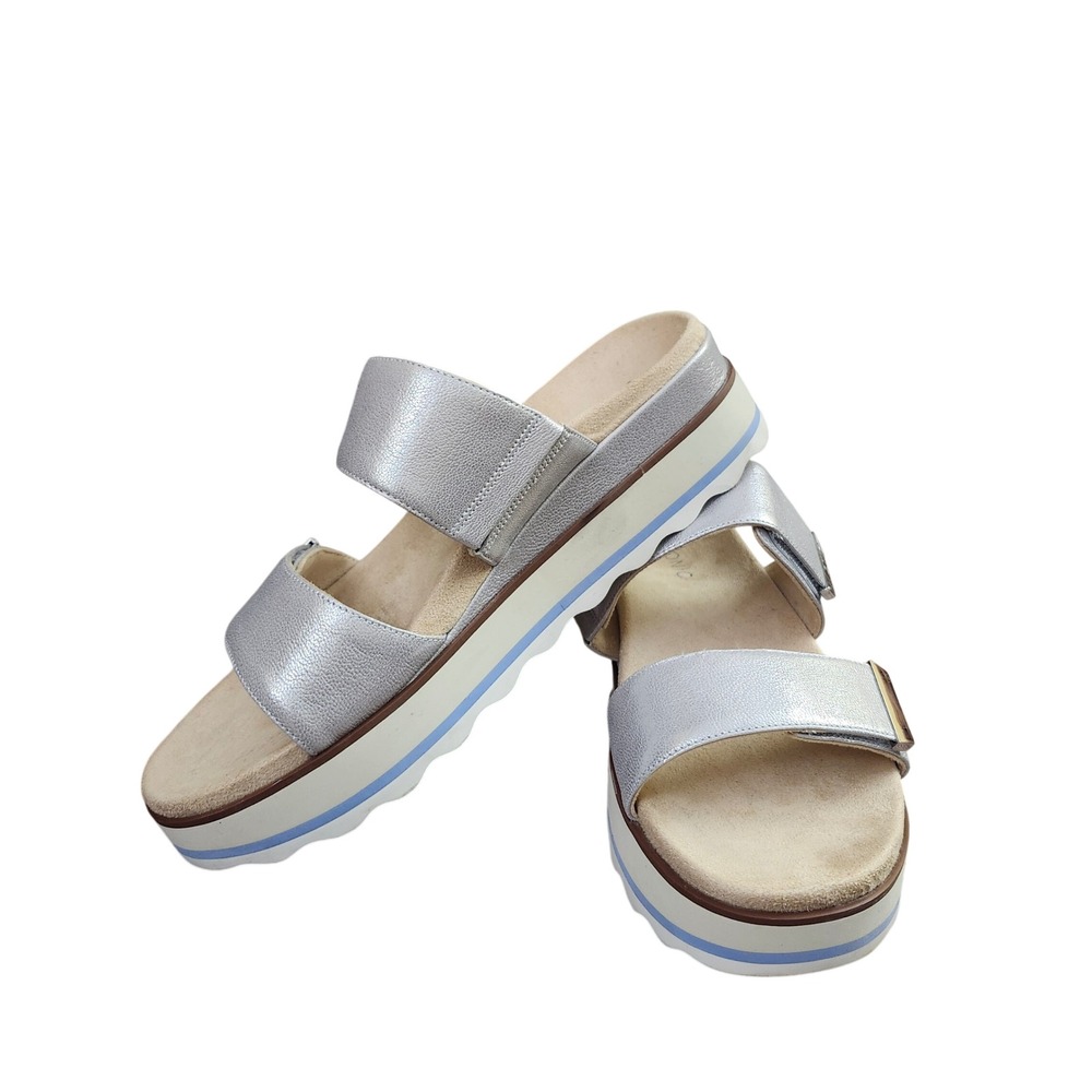 Vionic Brandie Metallic Silver Leather Platform Slide Sandals Orthotic Womens 9